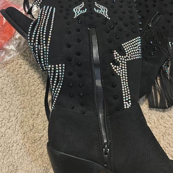 rhinestone stud tassel cloth cowboy western boots - Picture 4 of 5